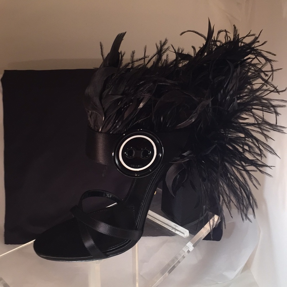 Prada Feathers Trimmed Satin Black Sandals Heels